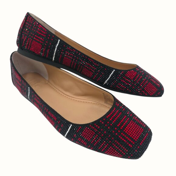 INC Juney 4 Ballet Flats Black Red Plaid White Rhinestone Square Toe Slip On 8.5 - Picture 1 of 10